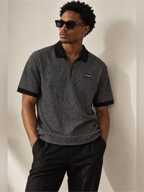 Karl Lagerfeld Paris Size L Black & White Geometric Zip-Up Polo Shirt